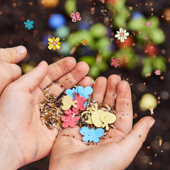 Hände halten Blumen- und Schmetterlingssamen auf Erde, bunte Illustrationen von Blumen und Schmetterlingen fliegen darüber.