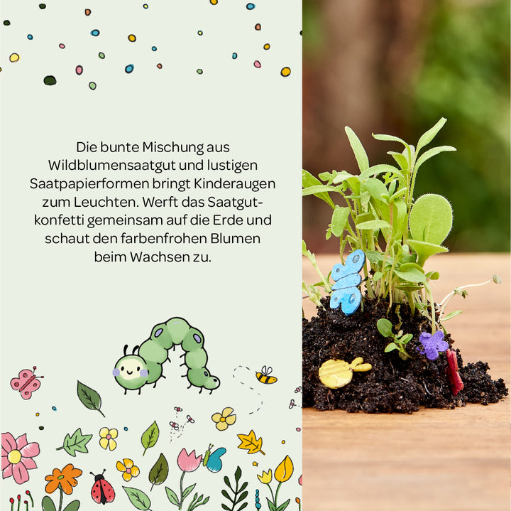 Bunte Illustration mit Text über Wildblumensaatgut und Saatpapierformen für Kinder, daneben ein kleiner Pflanzenhaufen mit bunten Papier-Schmetterlingen und Blumen im Boden.