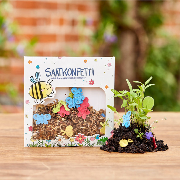 Saatkonfetti-Packung mit Wildblumensamen und buntem Saatpapier, daneben kleine wachsende Pflanzen mit Erde.