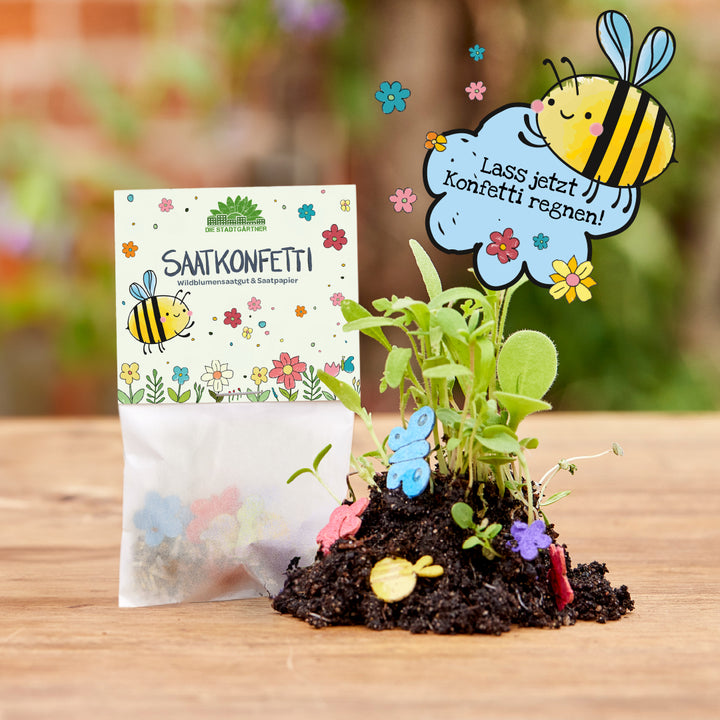 Tüte mit dem Aufdruck "Saatkonfetti" und Wildblumensamen neben kleinen Wildblumenkeimlingen auf Erde, dekoriert mit buntem Papierkonfetti und einer gezeichneten Biene mit Sprechblase "Lass jetzt Konfetti regnen!".