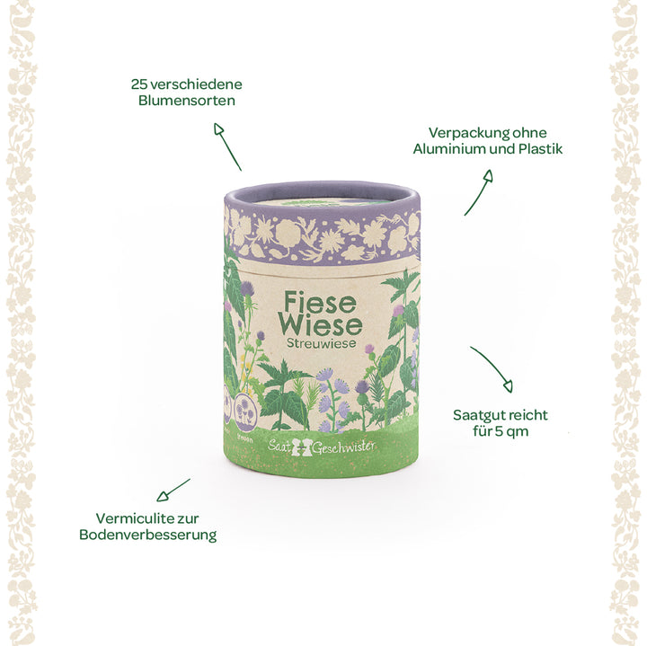 Runde Verpackung "Fiese Wiese Streuwiese" mit Blumenmotiven, umgeben von deutschen Hinweisen: 25 verschiedene Blumensorten, vermiculite zur Bodenverbesserung, plastik- und aluminimumfreie Verpackung, Saatgut reicht für 5 qm.