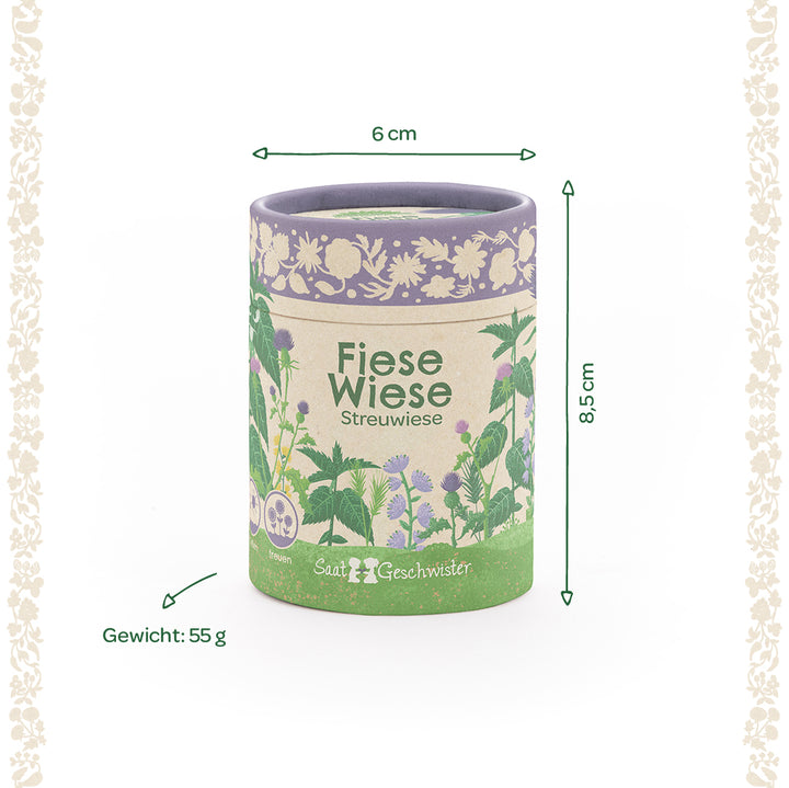 Runde Dose mit der Aufschrift "Fiese Wiese Streuwiese", Blumenillustrationen, Maße 6 cm Durchmesser, 8,5 cm hoch, Gewicht 55 g.