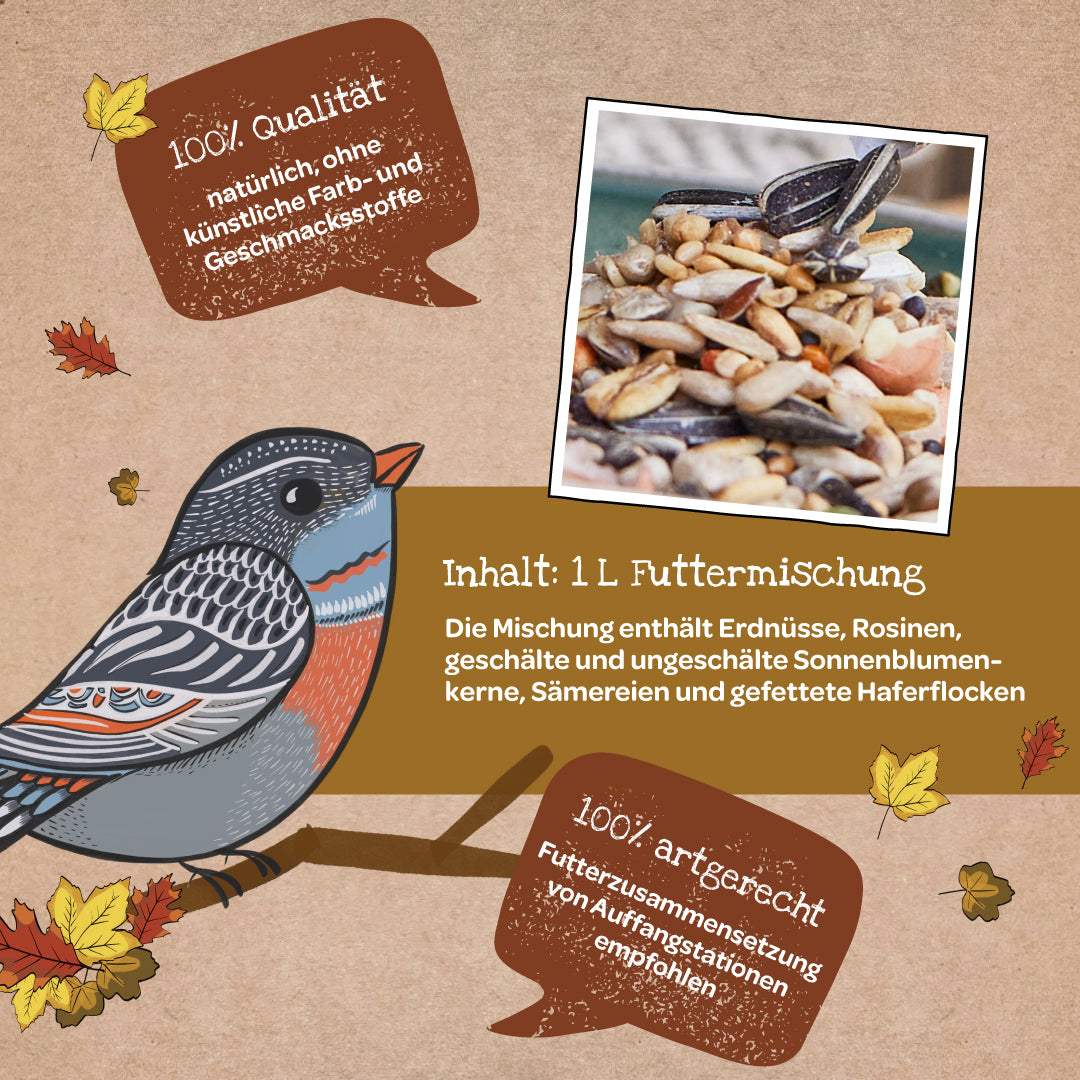 Illustration eines Vogels mit Herbstblättern, daneben ein Foto von gemischtem Vogelfutter und Infotext zur Qualität und Zusammensetzung des Futters in deutscher Sprache.