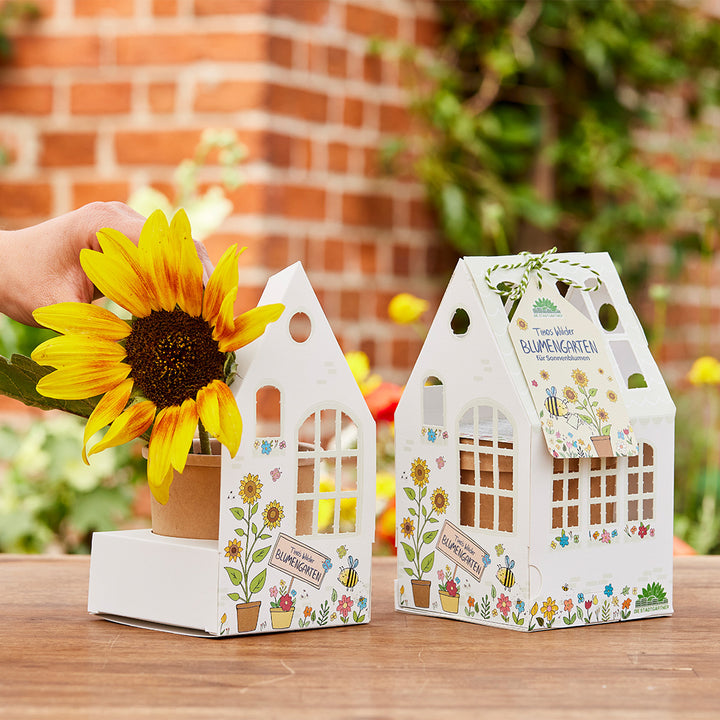 Hand mit Sonnenblume und zwei dekorative Verpackungen in Hausform mit der Aufschrift „Blumengarten“ auf einem Holztisch im Freien.