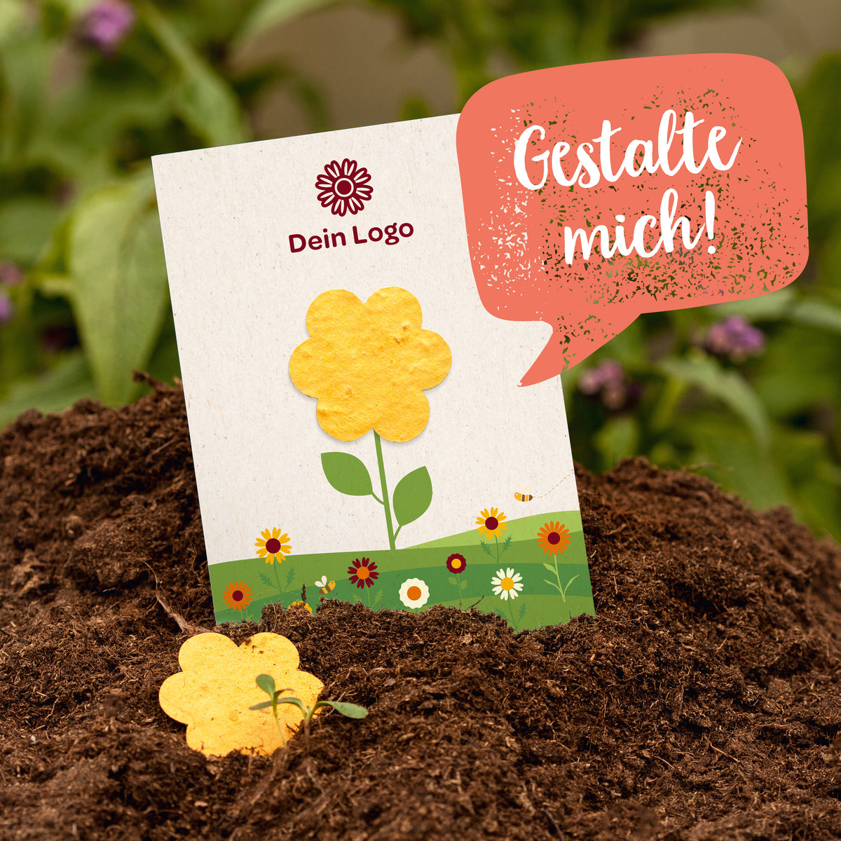 Karte mit gelber Blume im Blumenbeet, Sprechblase mit „Gestalte mich!“, Platz für Logo.