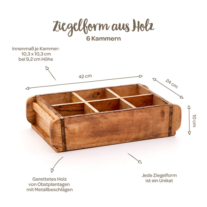 Holz-Ziegelform mit 6 Kammern, Maße 42 x 24 x 10 cm, hergestellt aus gerettetem Holz mit Metallbeschlägen, jede Form ein Unikat.