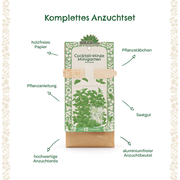 Komplettes Anzuchtset für Cocktail-Minze mit Anleitung, Pflanzstäbchen, Saatgut, hochwertiger Anzuchterde und aluminiumfreiem Anzuchtbeutel, auf holzfreiem Papier.