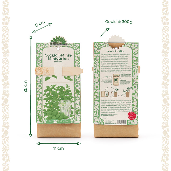 Zwei grün-weiße Verpackungen eines Cocktail-Minze Minigarten Anzuchtsets mit Pflanzenabbildung, Text und Maßen; links Vorderseite, rechts Rückseite.