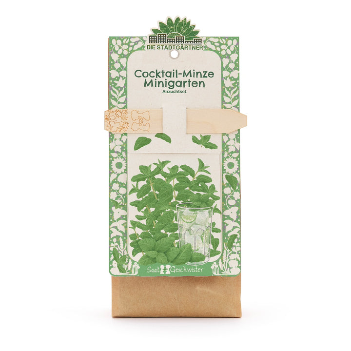 Anzuchtset für Cocktail-Minze Minigarten in grüner Verpackung mit Abbildung von Minzblättern und einem Glas.