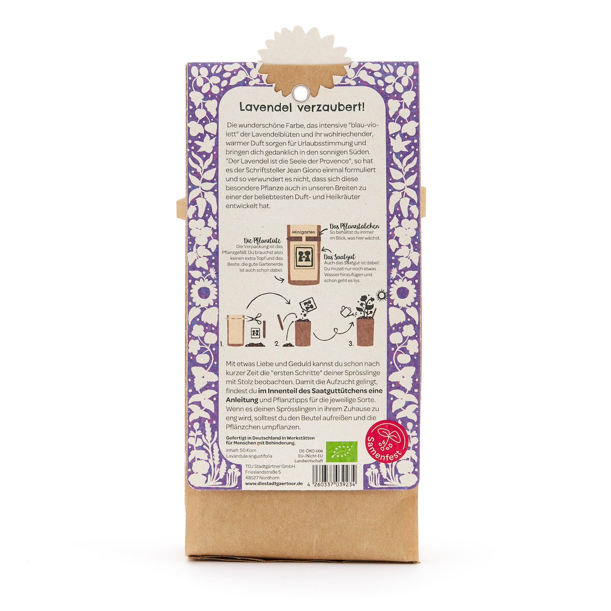 Rückseite einer Verpackung mit lila Blumenmuster und Anleitung für das Pflanzen von Lavendel, inklusive Beschreibung und Illustrationen der einzelnen Schritte.
