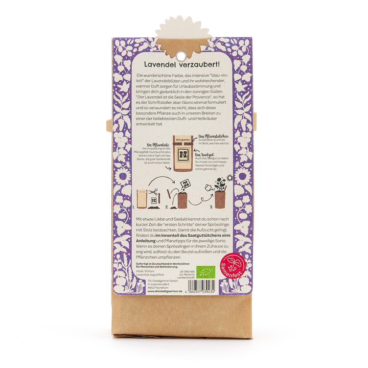 Rückseite einer Verpackung mit lila Blumenmuster und Anleitung für das Pflanzen von Lavendel, inklusive Beschreibung und Illustrationen der einzelnen Schritte.