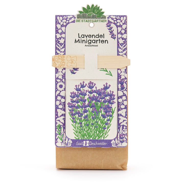 Lavendel Minigarten Anzuchtset mit violetter Lavendelillustration und dekorativer Verpackung.
