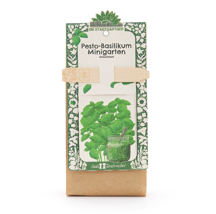 Anzuchtset „Pesto-Basilikum Minigarten“ von Die Stadtgärtner, Verpackung mit Illustration von Basilikum und einem Glas Pesto.