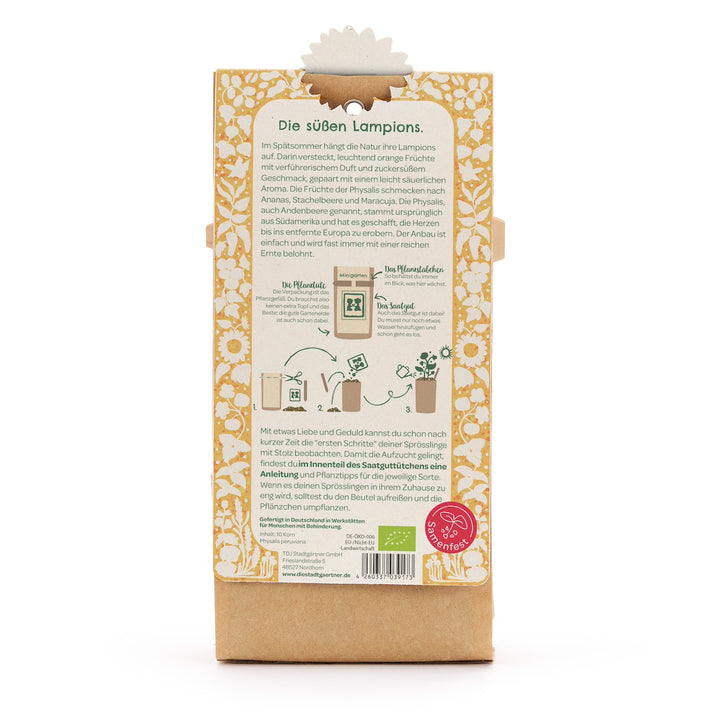 Rückseite einer Samenverpackung mit gelbem Blumenmuster und deutscher Anleitung für das Pflanzen von Physalis, inklusive Illustrationen der einzelnen Schritte.