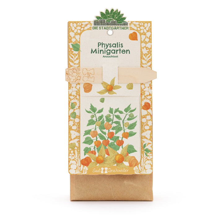 Abbildung eines Physalis Minigarten Anzuchtsets von Die Stadtgärtner mit einer illustrierten Physalis-Pflanze auf der Verpackung.