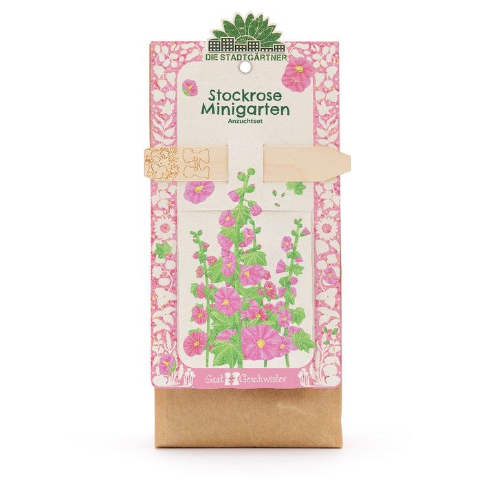 Stockrose Minigarten Anzuchtset mit bunter Blumenillustration auf der Verpackung.