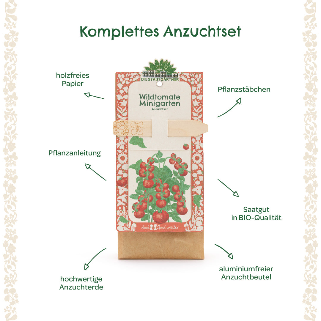 Abbildung eines kompletten Anzuchtsets für Wildtomaten mit Pflanzanleitung, Pflanzstäbchen, hochwertiger Anzuchterde, BIO-Saatgut, holzfreiem Papier und aluminiumfreiem Beutel.