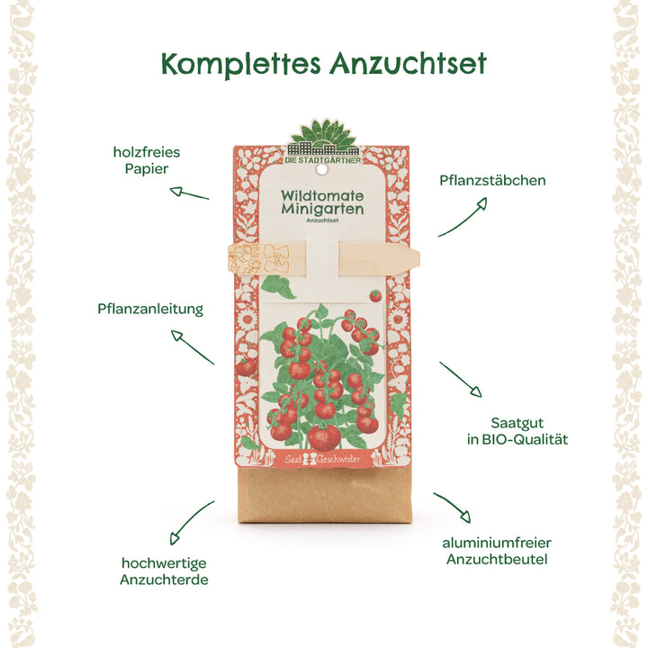 Abbildung eines kompletten Anzuchtsets für Wildtomaten mit Pflanzanleitung, Pflanzstäbchen, hochwertiger Anzuchterde, BIO-Saatgut, holzfreiem Papier und aluminiumfreiem Beutel.