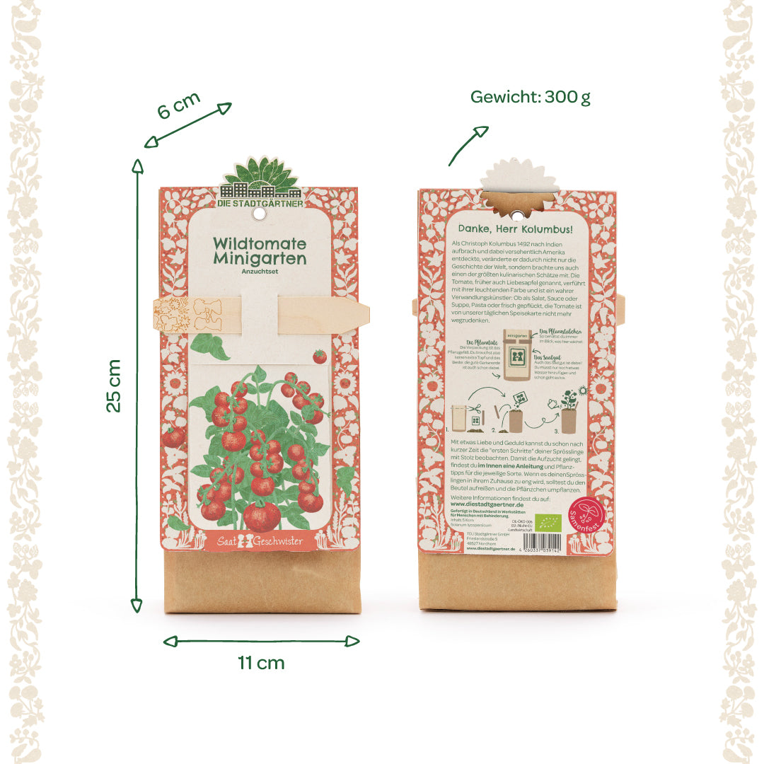 Zwei Packungen eines Wildtomaten-Minigarten Anzuchtsets mit rot-weißem Design, einer Illustration von Tomatenpflanzen auf der Vorderseite und Textinformationen auf der Rückseite; Maße und Gewicht sind angegeben.