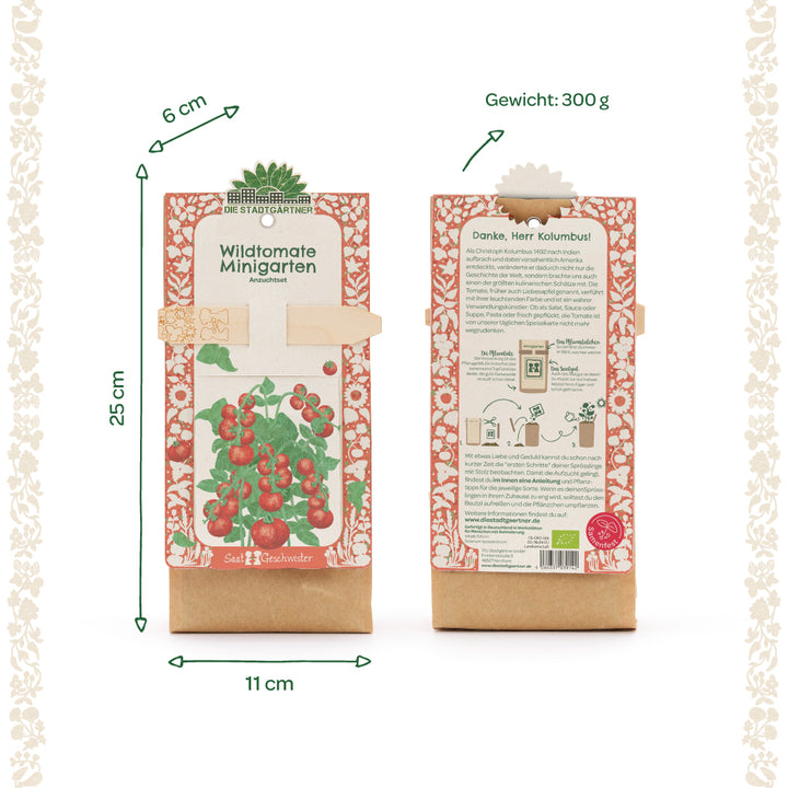 Zwei Packungen eines Wildtomaten-Minigarten Anzuchtsets mit rot-weißem Design, einer Illustration von Tomatenpflanzen auf der Vorderseite und Textinformationen auf der Rückseite; Maße und Gewicht sind angegeben.