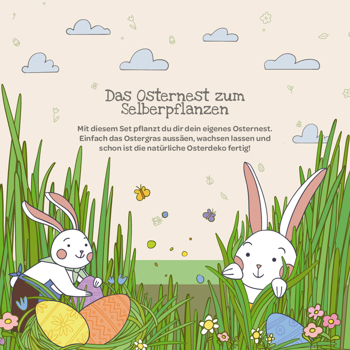 Illustration mit zwei weißen Osterhasen, Ostereiern, hohem Gras, Blumen, Schmetterlingen und Wolken; Text erklärt ein Set zum Selberpflanzen eines Osternests.