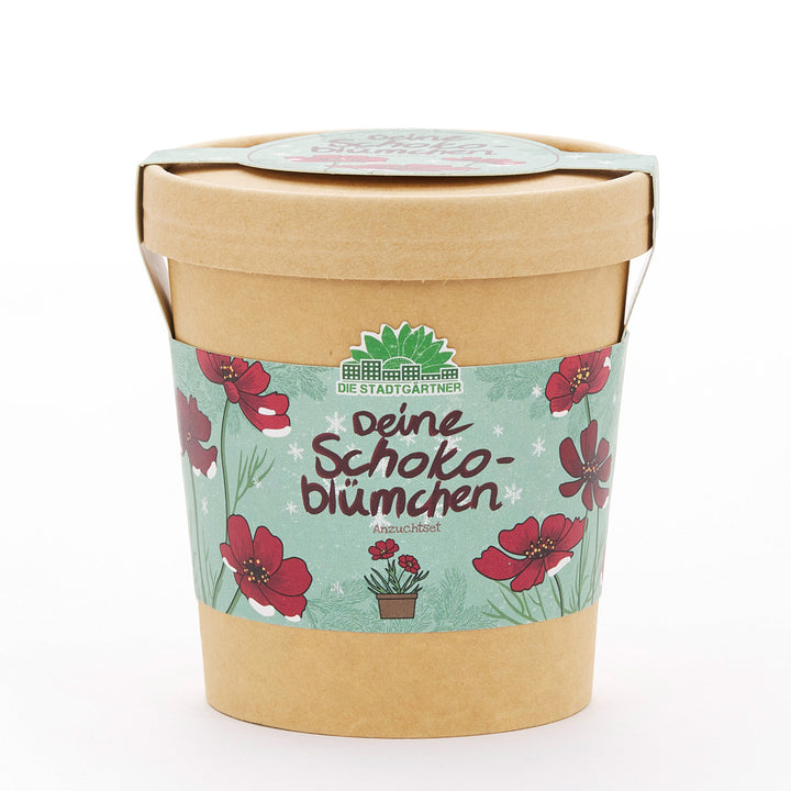 Pappbecher mit Banderole, auf der "Deine Schokoblümchen Anzuchtset" und rote Blumen abgebildet sind.