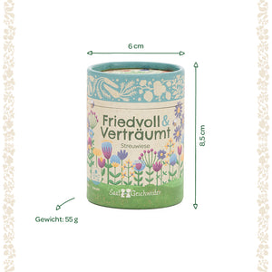 Runde Dose Saatgeschwister "Friedvoll & Verträumt" mit Blumenillustration, Maße 6 cm Durchmesser und 8,5 cm Höhe, Gewicht 55 g.
