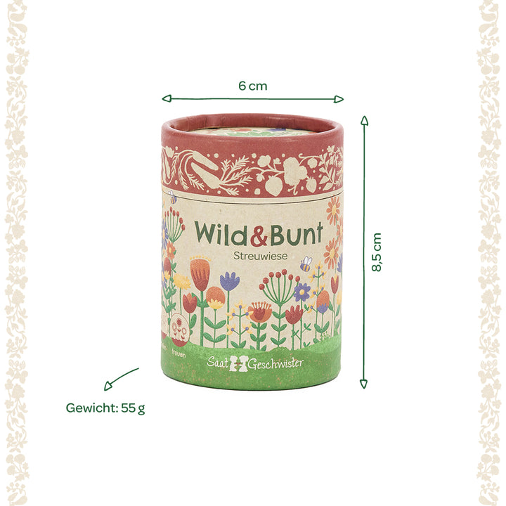 Runde Dose mit der Aufschrift "Wild & Bunt Streuwiese", verziert mit bunten Blumen, Maße 6 cm Durchmesser und 8,5 cm Höhe, Gewicht 55 g.
