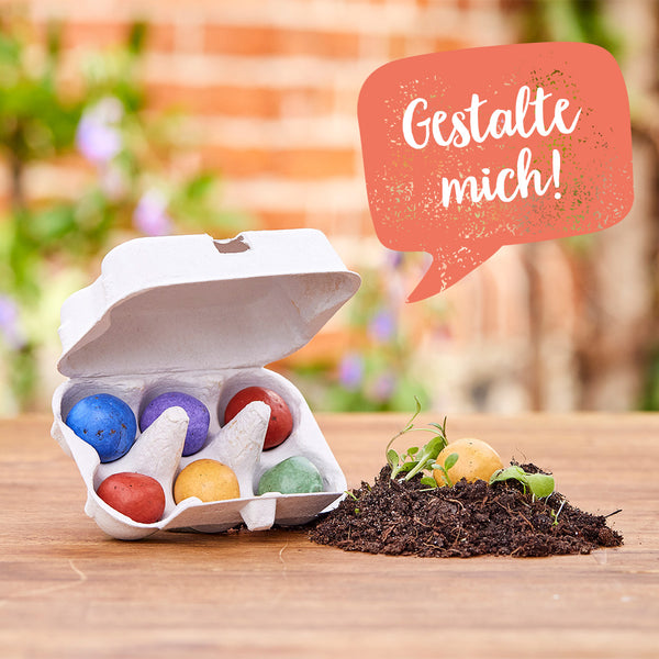 Ein geöffneter Eierkarton mit bunten Samenbomben und ein Erdhaufen mit Keimlingen auf einem Holztisch; Sprechblase mit dem Text "Gestalte mich!"