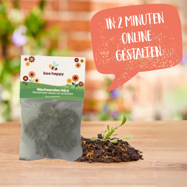 Wildbloemenzaadjes op een tabletje van bronwater in een perkamenten zakje.