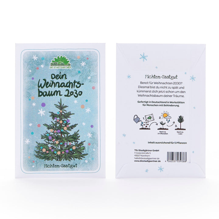 Zwei Tütchen mit Fichtensaatgut, vorne mit einem bunt geschmückten Weihnachtsbaum und der Aufschrift "Dein Weihnachtsbaum 2030", hinten mit Anleitung und Informationen auf Deutsch.