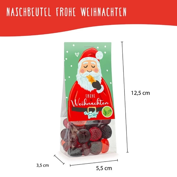 Verpackung von Weihnachtssüßigkeiten mit Weihnachtsmann-Motiv und den Abmessungen 12,5 cm x 5,5 cm x 3,5 cm.
