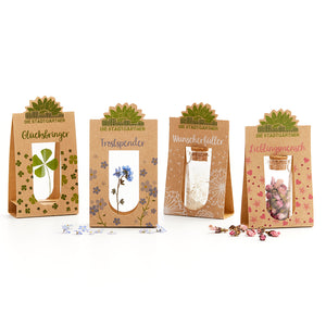 Vier Geschenkverpackungen aus Karton mit dem Schriftzug "Die Stadtgärtner", jeweils mit kleinen Gläschen und verschiedenen Blumen oder Pflanzen, ansprechend dekoriert und beschriftet.
