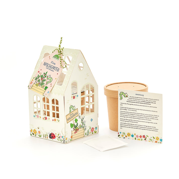 Set mit einem kleinen dekorativen Gewächshaus, einem Blumentopf, einer Anleitung und einem Samentütchen für den Anbau von Tomaten.
