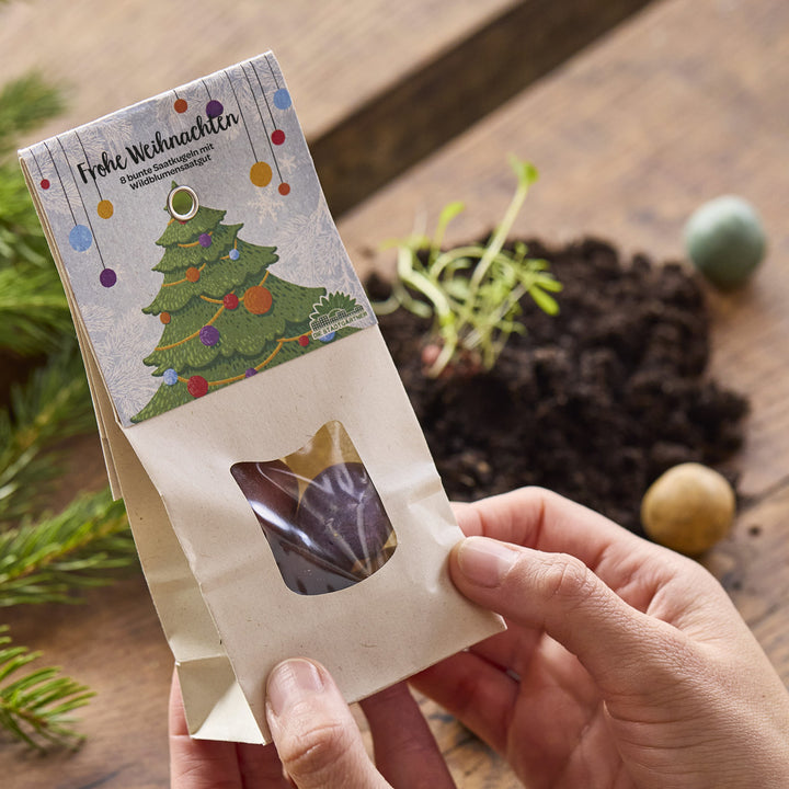 Person hält eine Geschenktüte mit Weihnachtsmotiv und Aufschrift "Frohe Weihnachten", im Hintergrund Erde und Setzling.