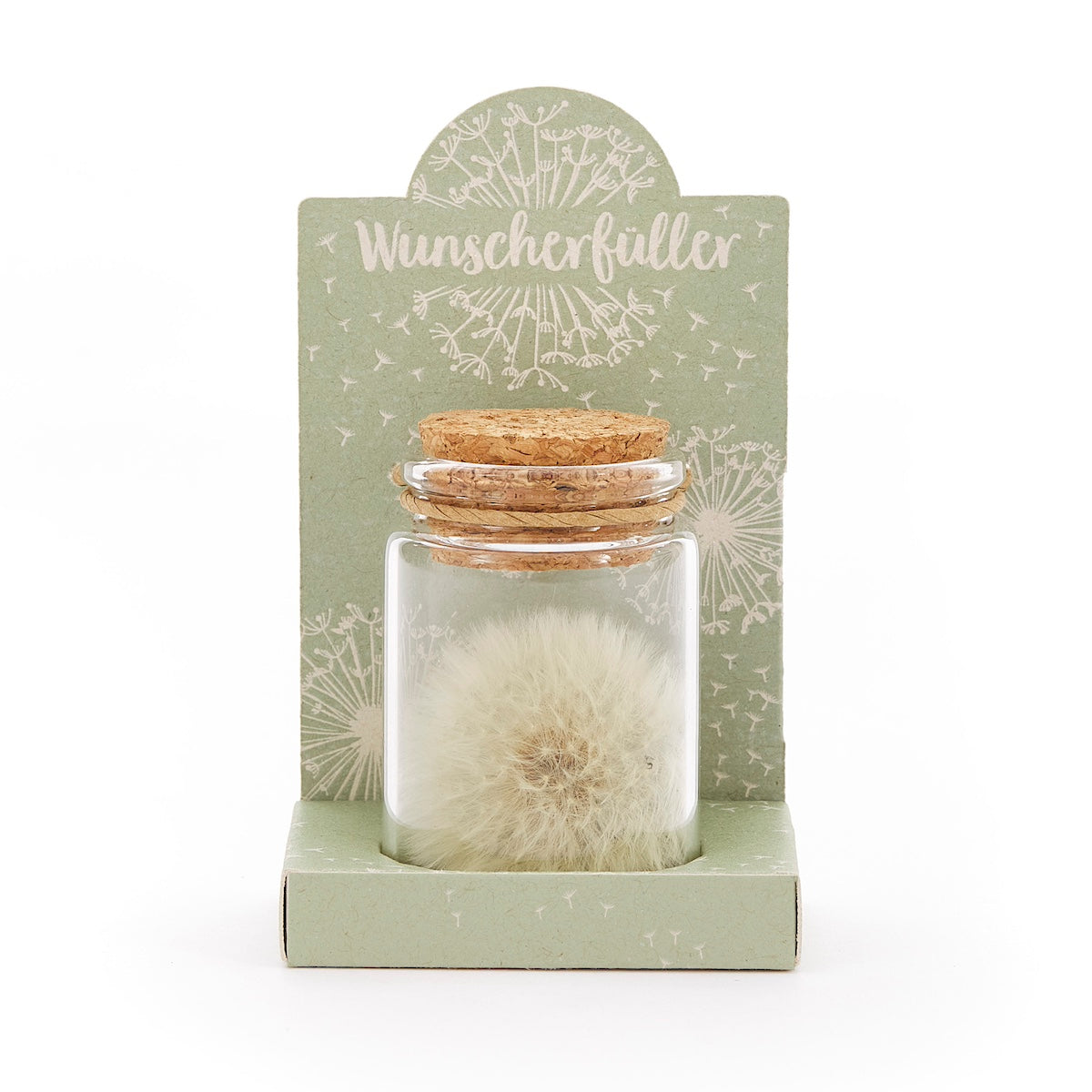 Glasfläschchen mit Löwenzahn-Pusteblume und Korken, auf grünem Karton mit der Aufschrift "Wunscherfüller".
