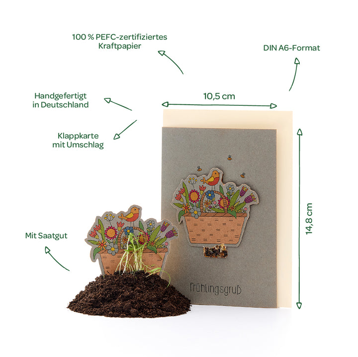 Klappkarte mit Umschlag im DIN A6-Format, aus 100 % PEFC-zertifiziertem Kraftpapier, handgefertigt in Deutschland, mit Blumensamen und Frühlingsmotiv.