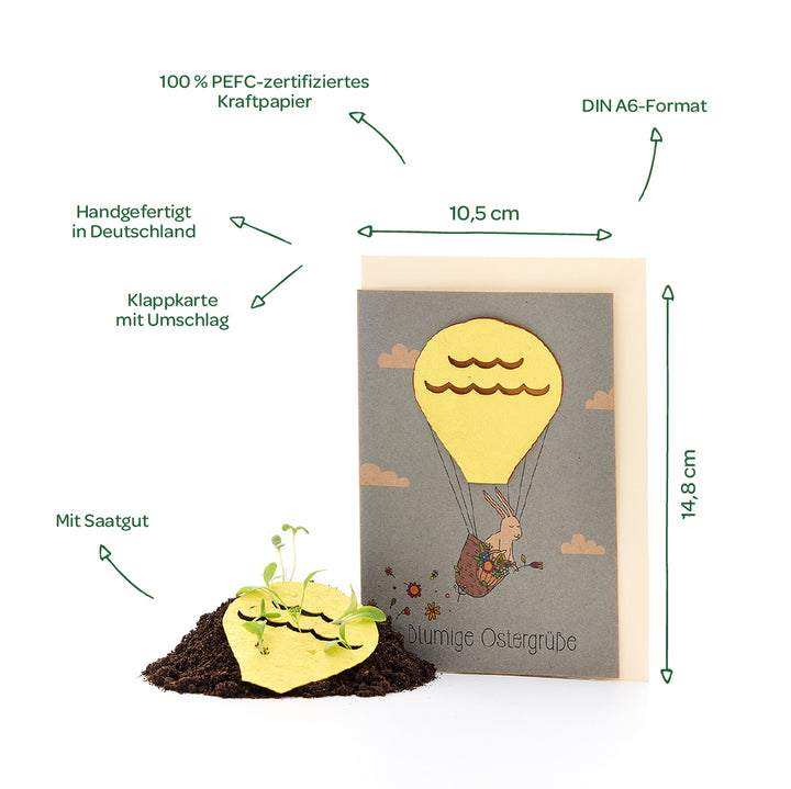 Klappkarte mit Umschlag im DIN A6-Format, handgefertigt in Deutschland aus 100 % PEFC-zertifiziertem Kraftpapier, inklusive Saatgut und Motiv eines Hasen im Heißluftballon; Maße und Eigenschaften sind beschriftet.