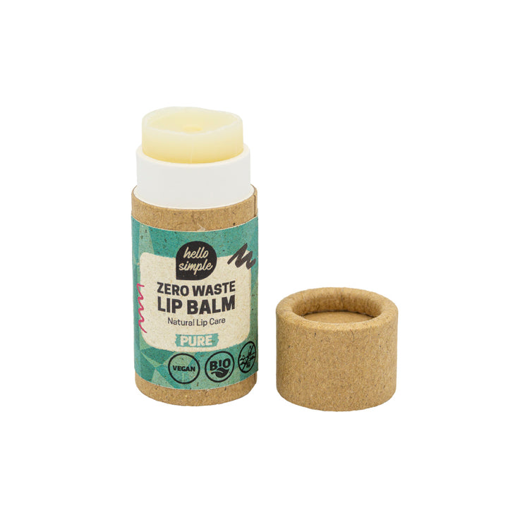 Zero Waste Lippenbalsam in nachhaltiger Verpackung, daneben der abgenommene Deckel.