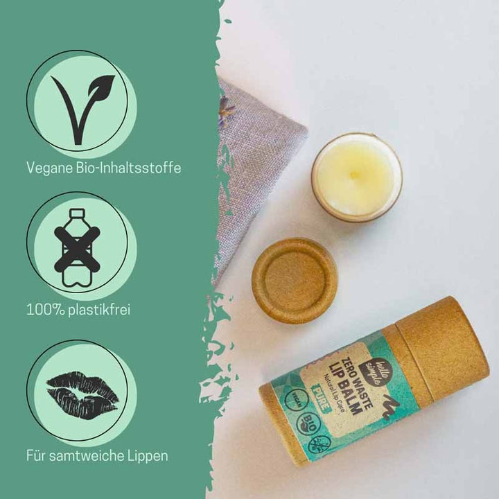 Natürlicher Lippenbalsam in plastikfreier Verpackung mit veganen Bio-Inhaltsstoffen, daneben Symbole für umweltfreundliche Eigenschaften und weiche Lippen.
