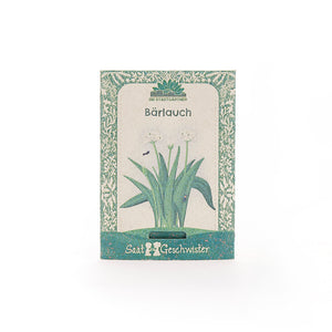 Samenpackung für Bärlauch mit grüner Verzierung und Illustration der Pflanze auf der Vorderseite.
