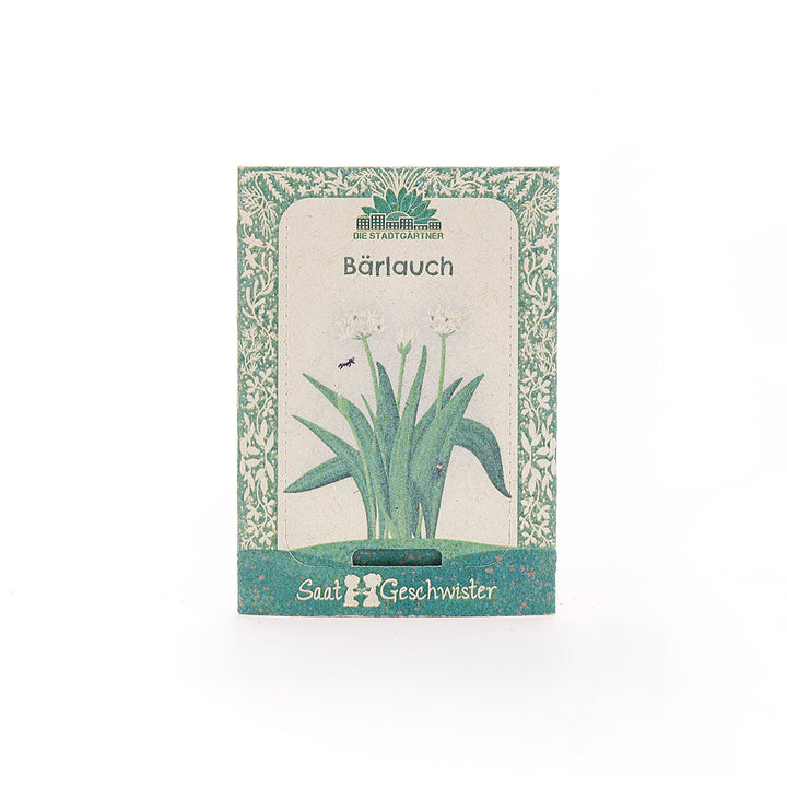 Samenpackung für Bärlauch mit grüner Verzierung und Illustration der Pflanze auf der Vorderseite.