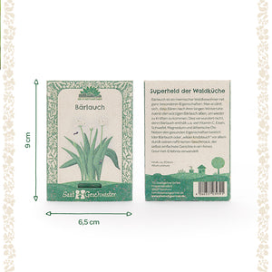 Zwei Saatgutpackungen für Bärlauch der Marke "Die Stadtgärtner" mit grüner Musterumrandung; links Vorderseite mit Bärlauch-Illustration und Maße 9 cm x 6,5 cm, rechts Rückseite mit Beschreibungstext.