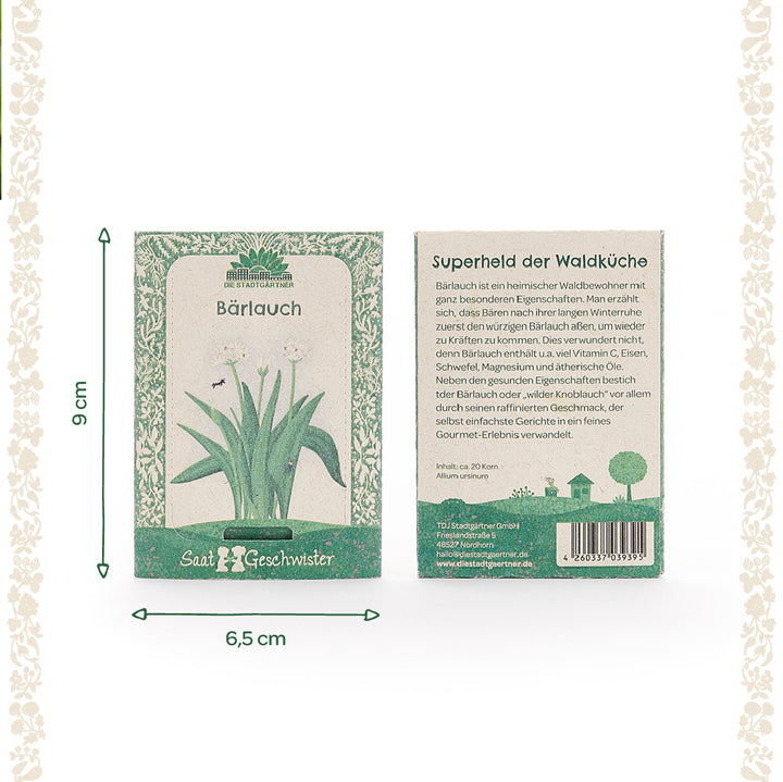 Zwei Saatgutpackungen für Bärlauch der Marke "Die Stadtgärtner" mit grüner Musterumrandung; links Vorderseite mit Bärlauch-Illustration und Maße 9 cm x 6,5 cm, rechts Rückseite mit Beschreibungstext.