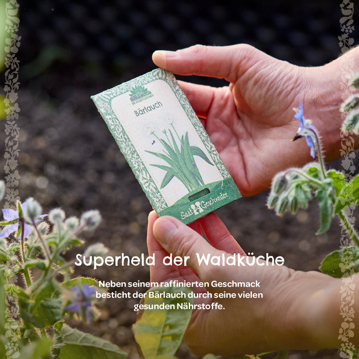 Hände halten eine Saatgutpackung mit der Aufschrift „Bärlauch“ im Garten, daneben blühende Pflanzen.
