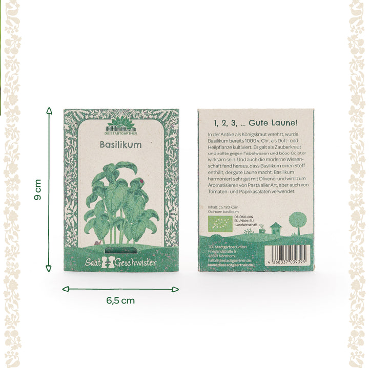 Zwei grüne Samenpäckchen für Basilikum der Marke "Die Stadtgärtner" mit pflanzlicher Illustration und Maßen 9 cm x 6,5 cm, Vorder- und Rückseite mit Beschreibungstext.