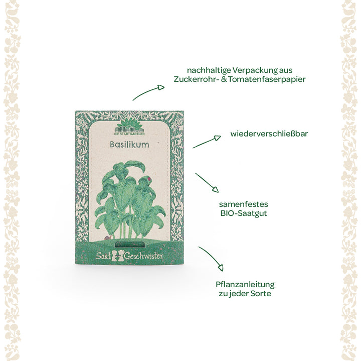 Saatgutverpackung für Basilikum mit nachhaltiger Verpackung aus Zuckerrohr- und Tomatenfaserpapier, wiederverschließbar, samenfestem BIO-Saatgut und Pflanzanleitung.