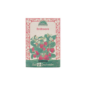 Saatgutpackung für Erdbeeren mit gezeichneter Erdbeerpflanze, Blüten und Früchten auf dem Etikett.