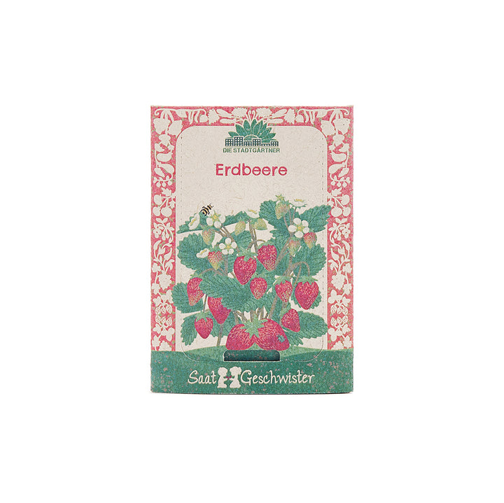 Saatgutpackung für Erdbeeren mit gezeichneter Erdbeerpflanze, Blüten und Früchten auf dem Etikett.