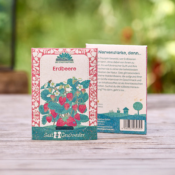 Zwei Saatgutverpackungen für Erdbeeren mit illustrierten Erdbeerpflanzen und dekorativen Mustern, stehend auf einem Holztisch im Freien.